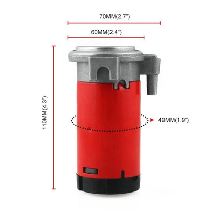 Air Compressor for Maintaining Vehicle Air Horns on the Road - compact 12V red compressor with dimensions shown for roadside horn maintenance
