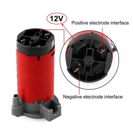 Air Compressor for Maintaining Vehicle Air Horns on the Road - 12V portable compressor with positive and negative electrode interfaces for on‑the‑go horn maintenance