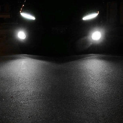 9005 HB3 Car Fog LED Bulbs Bright White, 2 Pack For Cars installed in a vehicle showing bright white fog beam on wet road