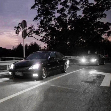 9005 HB3 Car Fog LED Bulbs Bright White, 2 Pack For Cars installed in dark road-driving sedan showing bright white fog lights improving visibility