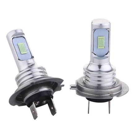 H7 Fog Light LED Bulbs for Cars, 2-Pack, Easy Install - close-up of two silver 3570 chip LED fog light bulbs showing 360-degree beam design