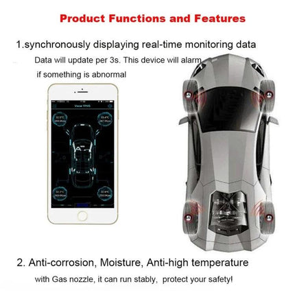 VC601 Tire Pressure Monitoring for Safe Daily Vehicle Use - Bluetooth real-time tire pressure and temperature display on phone app with car diagram