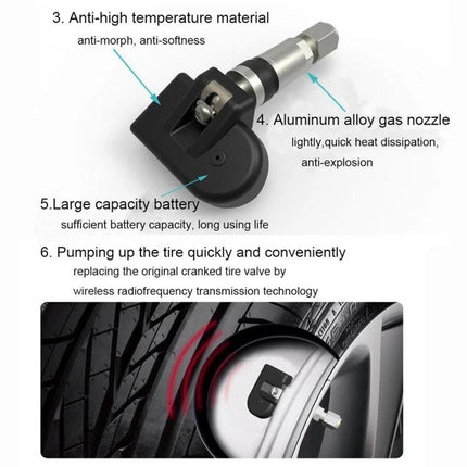 VC601 Tire Pressure Monitoring for Safe Daily Vehicle Use — Bluetooth tire sensor showing aluminum valve nozzle, battery, and app monitoring