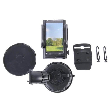Universal Car Mount with Suction Cup for Smartphones mounted with adjustable cradle and suction base for windshield and dashboard use