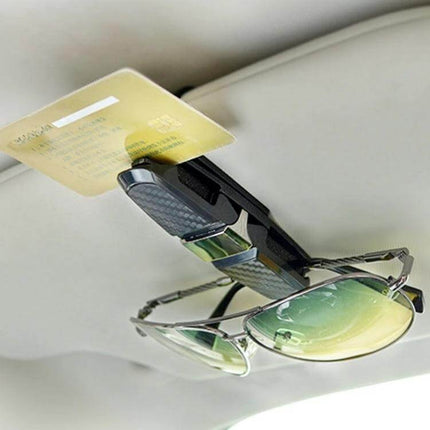 Liwen Foldable Car Headrest Tray for Meals and Beverages clip attached to headrest holding sunglasses and card, compact storage solution