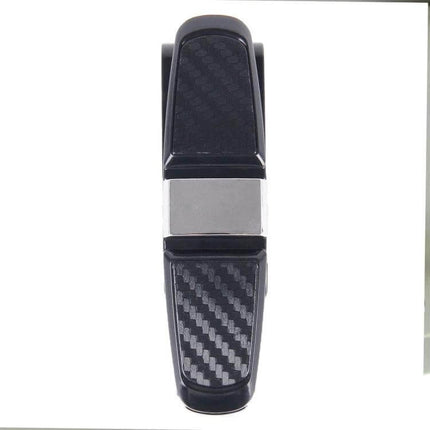 Liwen Foldable Car Headrest Tray for Meals and Beverages - top view folded black tray with carbon-fiber texture and metal clasp