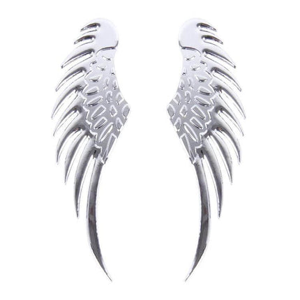 Elegant Silver Angel Wing 3D Metal Sticker for Car Decoration on white background, pair of chrome angel wing car decals