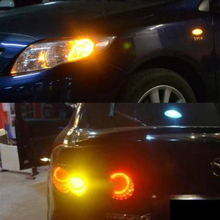 Dual Color LED Car Brake and Turn Signal Light For 12V installed on vehicle showing amber turn and red brake illumination