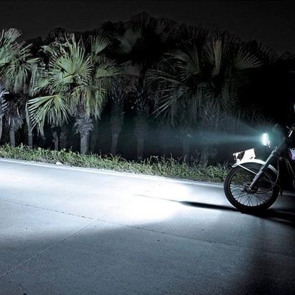 Universal LED Headlight for All Motorcycles and Safe Riding shining beam illuminating a motorcycle on a dark road