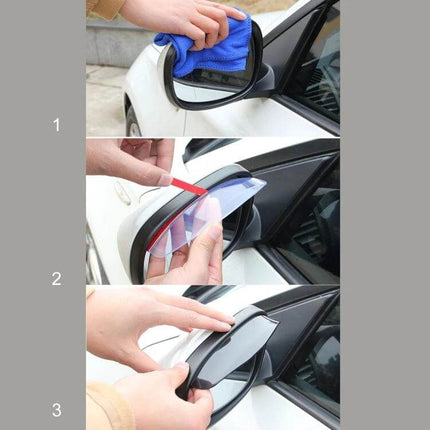 Car Rearview Mirror Rainproof Blades for Safe Driving - step-by-step installation on a car side mirror to prevent rain and dust