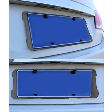 Black Rear License Plate Bracket for Secure Car Mounting on white car rear bumper showing matte black bracket and adjustable fit