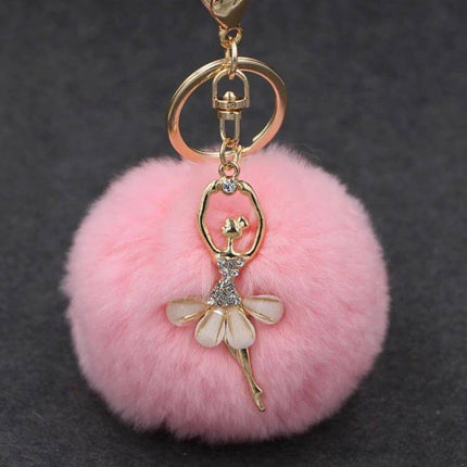 Rex Rabbit Shaped Artificial Fur Keychain for Bags and Keys - pink pom pom with gold ballerina charm