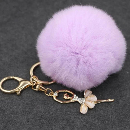 Rex Rabbit Shaped Artificial Fur Keychain for Bags and Keys in lavender pompom with gold bunny charm attached to key ring