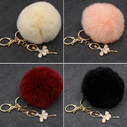 Rex Rabbit Shaped Artificial Fur Keychain for Bags and Keys - pom pom keychain in cream pink red and black with gold clasp and butterfly charm