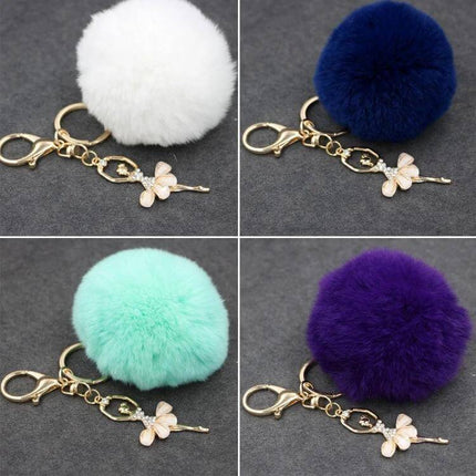 Rex Rabbit Shaped Artificial Fur Keychain for Bags and Keys - four-color pompom keychains with gold clasp and floral charm