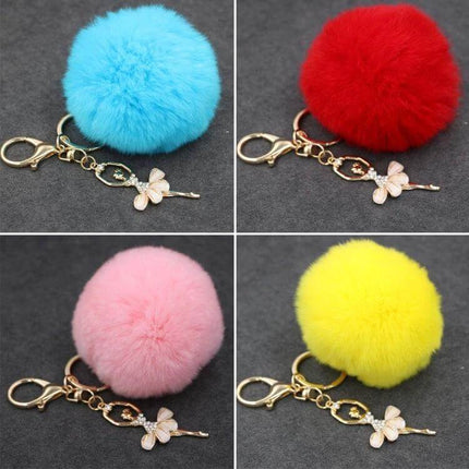 Rex Rabbit Shaped Artificial Fur Keychain for Bags and Keys - colorful pompom keychains in blue red pink yellow with gold clasp and charm