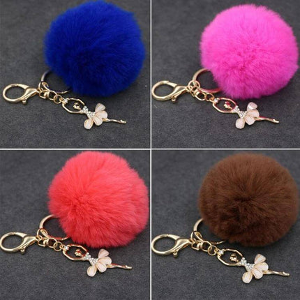 Rex Rabbit Shaped Artificial Fur Keychain for Bags and Keys in blue pink coral and brown pom pom with gold clasp and butterfly charm