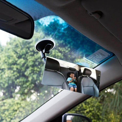 Car Adjustable Windshield Blind Spot Mirror for Enhanced Visibility showing child in backseat and expanded rear view for safer family driving