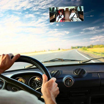 Car Adjustable Windshield Blind Spot Mirror for Enhanced Visibility showing driver monitoring children in rearview mirror for safer family driving
