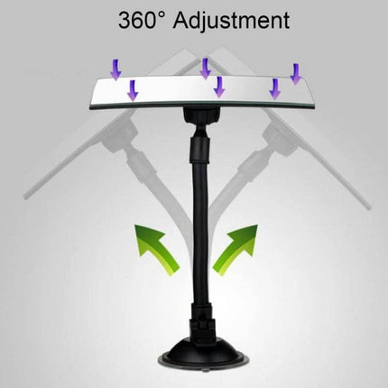 Car Adjustable Windshield Blind Spot Mirror for Enhanced Visibility showing 360° adjustable arm and suction-mount for monitoring backseat passengers