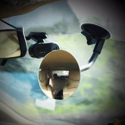 Adjustable Blind Spot Mirror for Car Windshield Safety mounted inside car showing rear seat view for monitoring passengers