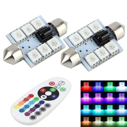 Colorful 36mm Bicuspid Car Dome Lamp With Remote Control - dual 3x5050 SMD RGB bulbs with remote for interior dome, trunk, reading light