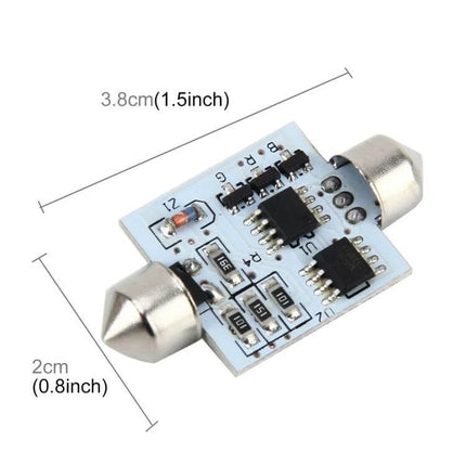 Colorful 36mm Bicuspid Car Dome Lamp With Remote Control showing compact 3.8cm x 2cm LED PCB with dual metal caps and RGB 5050 SMDs