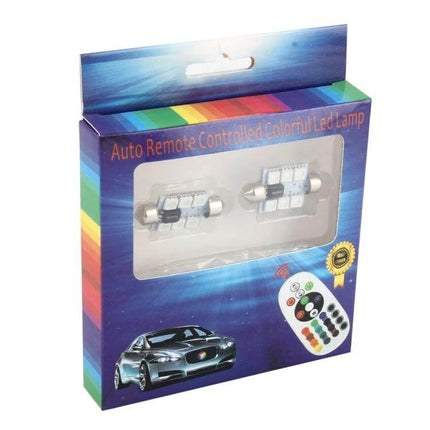 Colorful 36mm Bicuspid Car Dome Lamp With Remote Control in retail packaging showing two 36mm LED bulbs and remote
