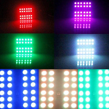 Colorful 36mm Bicuspid Car Dome Lamp With Remote Control showing RGB 3x5050 SMD LEDs in multiple colors for car interior lighting