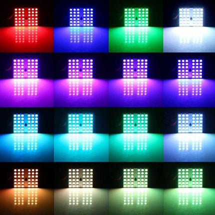 Colorful 36mm Bicuspid Car Dome Lamp With Remote Control showing multiple RGB color presets illuminating car interior