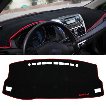 Custom Dashboard Sunscreen Cover for Toyota Corolla 2014-2018 black felt dash mat with red trim, protects dashboard from UV and heat