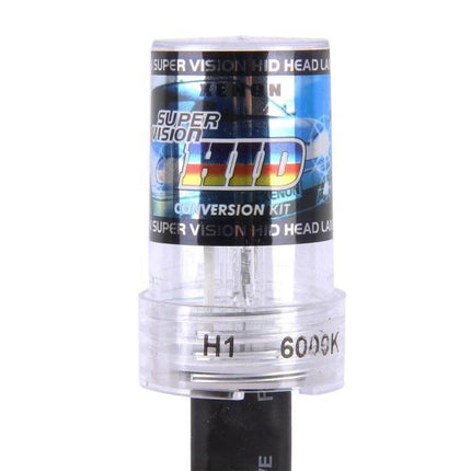 H1 HID Xenon Headlight Bulbs 6000K for Night Driving Visibility - clear product close-up showing H1 6000K xenon bulb in plastic case