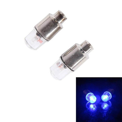 Valve Cap Light For Car And Bike Two Pack Compact And Convenient – two metal valve-cap LED lights showing blue illumination for car and bicycle tire visibility