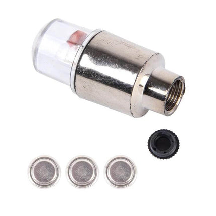 Valve Cap Light For Car And Bike Two Pack Compact And Convenient - close-up of metal valve cap light with batteries and rubber adapter