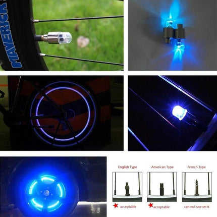 Valve Cap Light For Car And Bike Two Pack Compact And Convenient - blue LED valve cap lights shown on bike and car wheels, nighttime visibility