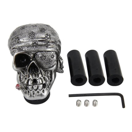 Skull Design Universal Car Gear Shift Knob for Comfortable Driving - silver skull knob with eyepatch, adapters and hex key for improved grip