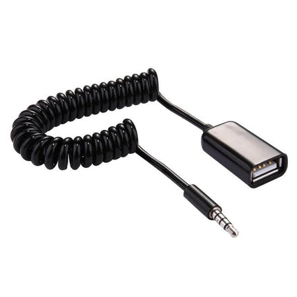 3.5mm To USB Audio Converter For Car, Retractable Cable 1m - coiled black cable with 3.5mm plug and USB-A female for car AUX playback