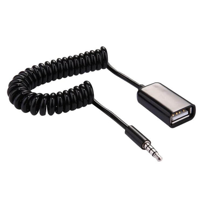 3.5mm To USB Audio Converter For Car, Retractable Cable 1m - coiled black cable with 3.5mm plug and USB-A female for car AUX playback