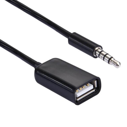 3.5mm To USB Audio Converter For Car, Retractable Cable 1m showing 3.5mm stereo plug and USB-A female connector for in-car MP3 playback