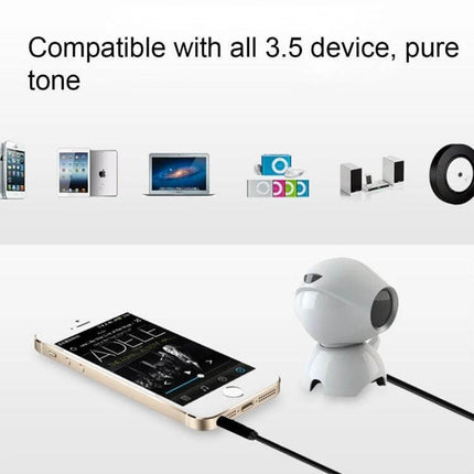 3.5mm To USB Audio Converter For Car, Retractable Cable 1m showing phone connected to speaker via 3.5mm AUX and USB-A flash drive playback