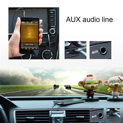 3.5mm To USB Audio Converter For Car, Retractable Cable 1m showing phone connected to car AUX and USB flash drive for MP3 playback