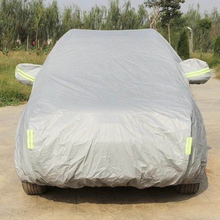 Breathable Waterproof Car Cover for Outdoor Vehicle Protection - grey fitted cover with reflective strips shielding parked car from rain, dust, and UV