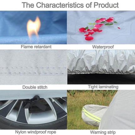 Breathable Waterproof Car Cover for Outdoor Vehicle Protection showcasing waterproof, flame retardant, double stitch, tight laminating, windproof rope