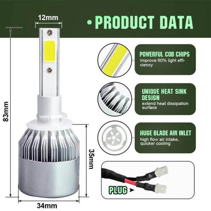 Car LED Headlights Waterproof for Night Driving Everyday Use - slim 6000K COB bulb with heat sink, plug connectors and product dimensions