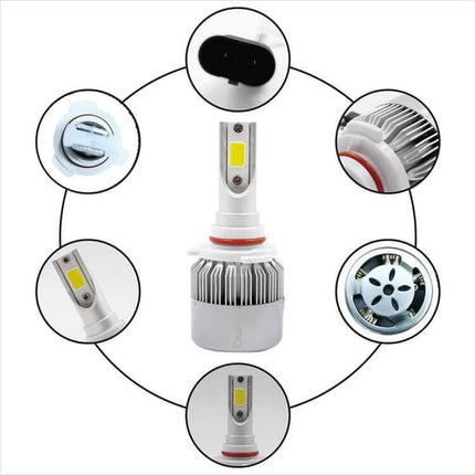 LED Headlights For Cars 2 Pack For Clear Night Driving - slim-fit LED bulb set with heat sink, connector and installation views