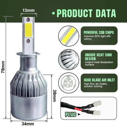 H3 LED Headlight For Cars Waterproof For Night Driving - waterproof H3 LED bulb with COB chips, heat sink and plug, bright cool-white beam
