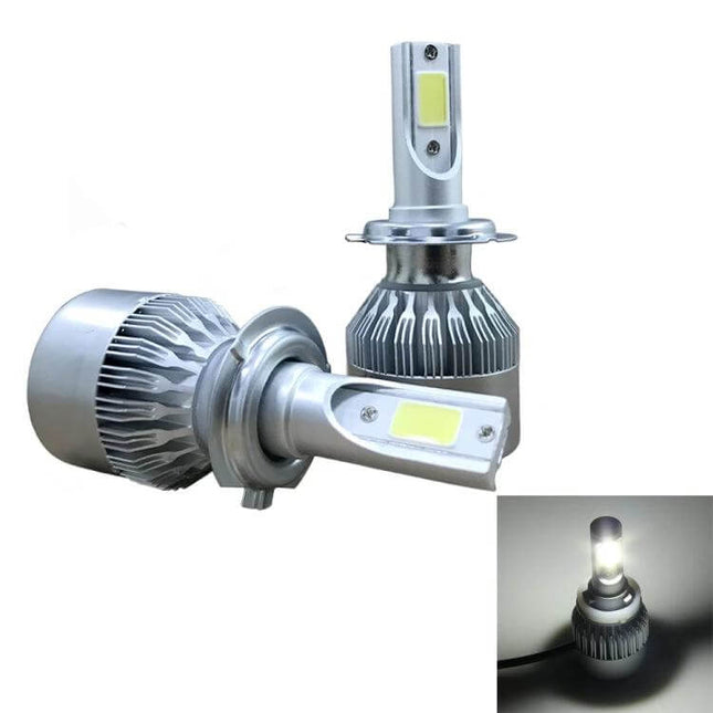 H7 LED Car Headlight Bulbs, Waterproof, Clear White Light, 2 Pack - close-up of silver LED bulbs showing cooling fins and illuminated sample