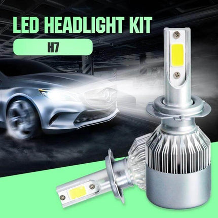 H7 LED Car Headlight Bulbs, Waterproof, Clear White Light, 2 Pack - close-up of waterproof H7 LED bulbs with bright white beam illuminating a car