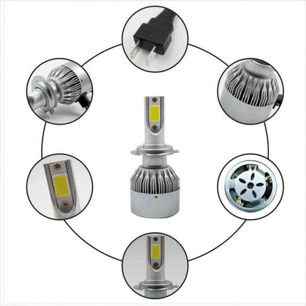 H7 LED Car Headlight Bulbs, Waterproof, Clear White Light, 2 Pack - close-up product and component views showing LED chips, heatsink, and connector
