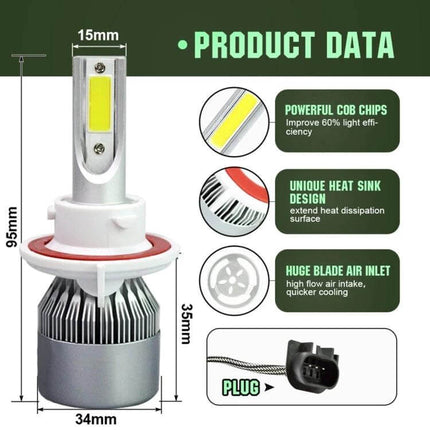 H13 LED Headlight Waterproof IP68 for Cars 2 Lamp Set - 6000K bright white COB chips, IP68 waterproof, plug-and-play 2-lamp upgrade
